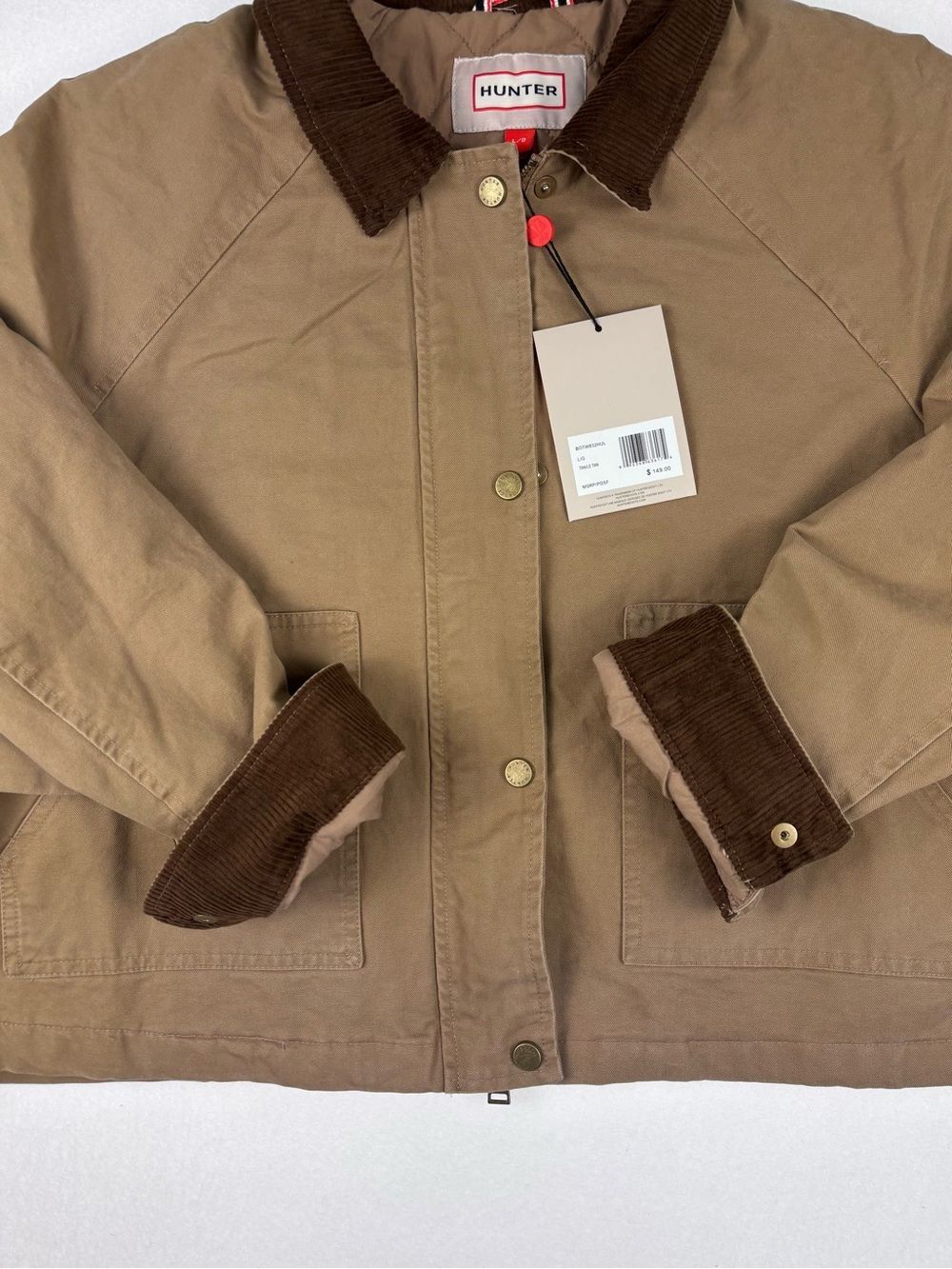 Hunter Women’s Tan Barn Jacket Corduroy Collar Quilted NWT Large - Picture 5 of 13